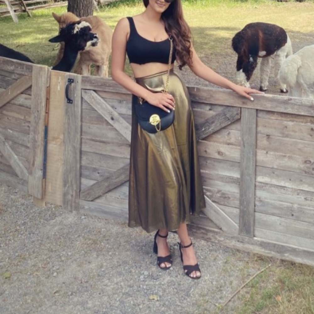 Aritzia Wilfred Gold Metallic Foil Satin Midi Slip Skirt